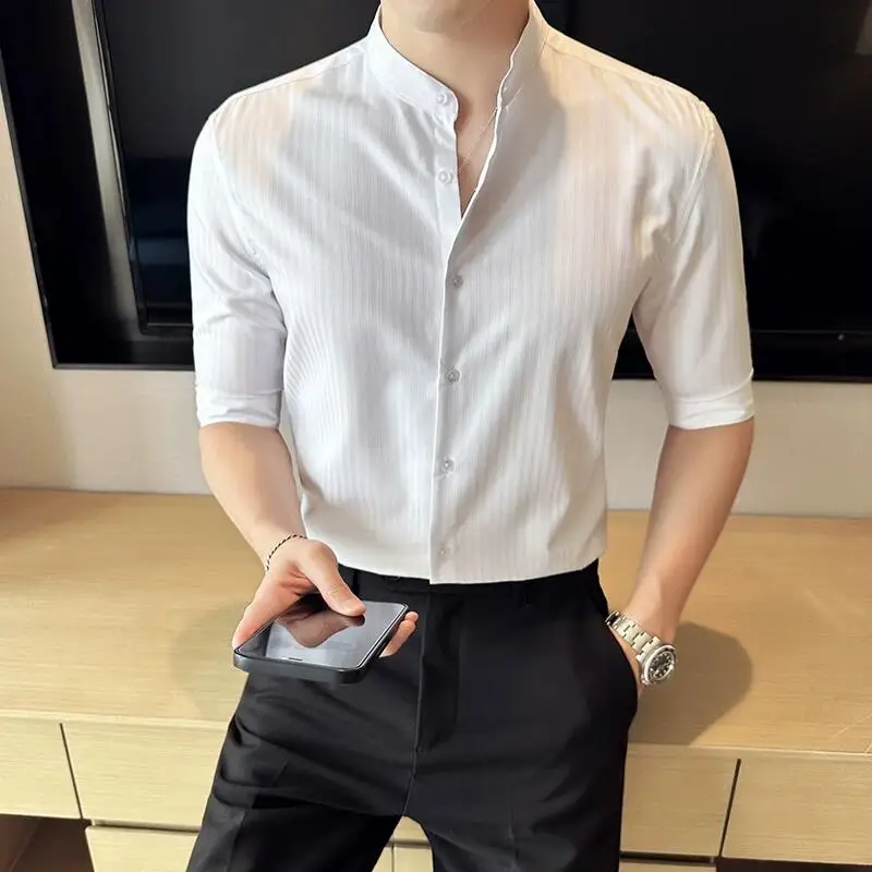 2023 Summer New Half Sleeve Stand Collar Shirt Fashion Vertical Stripe  Slim Fit Popular Designs Men's Versatile Shirt 4 Colors