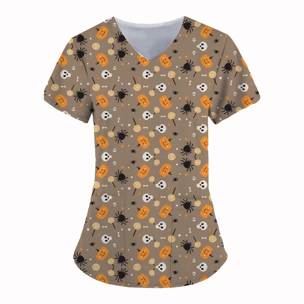 Halloween Women's T-shirt V-Neck Working Uniform for Women pumpkin 3D Print Tops Nurse Uniform, Pumpkin Blouse, Pocket Workwear,