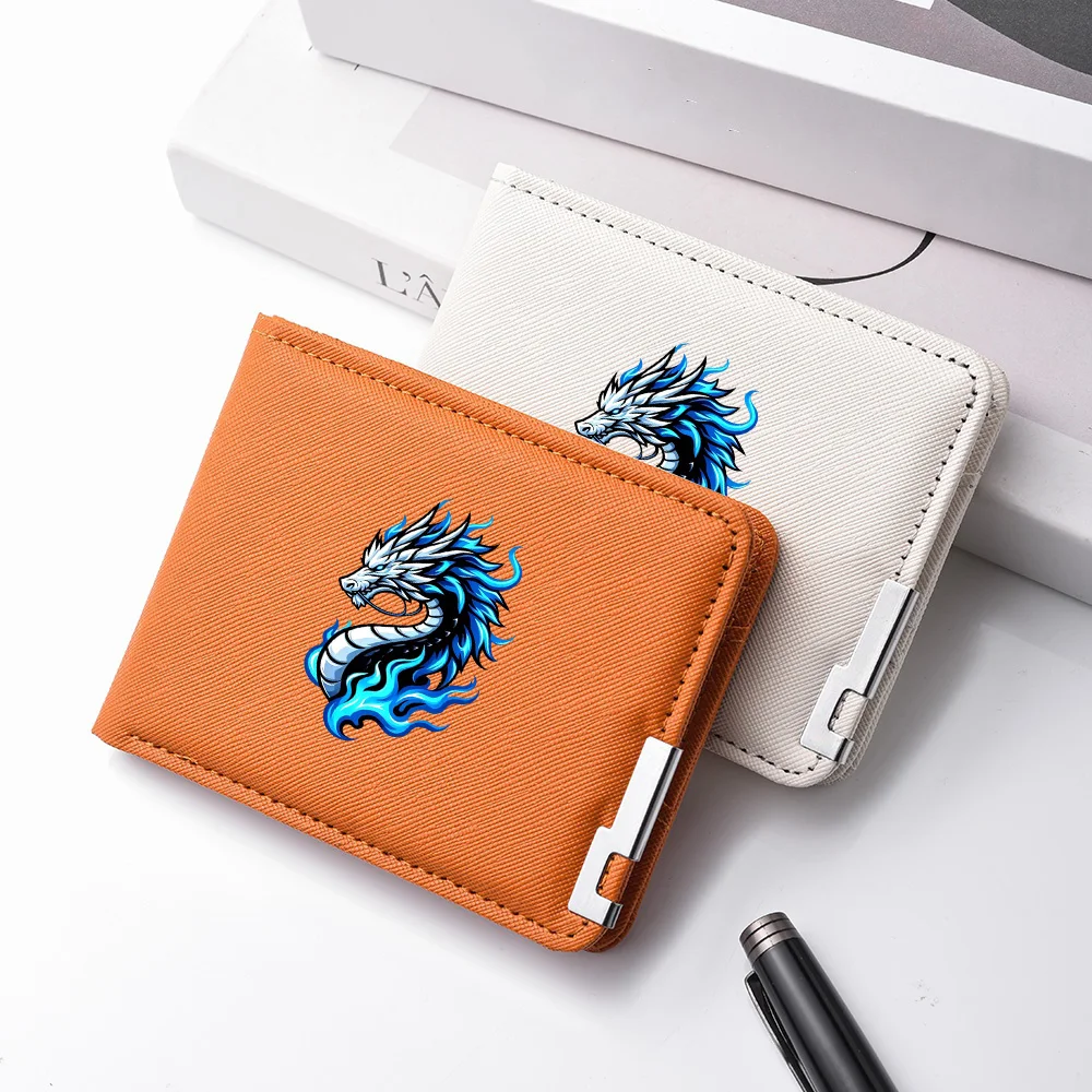 Men's Double-Fold PU Leather Wallet Blue Flame Dragon Pattern Stylish Short Wallet for Men