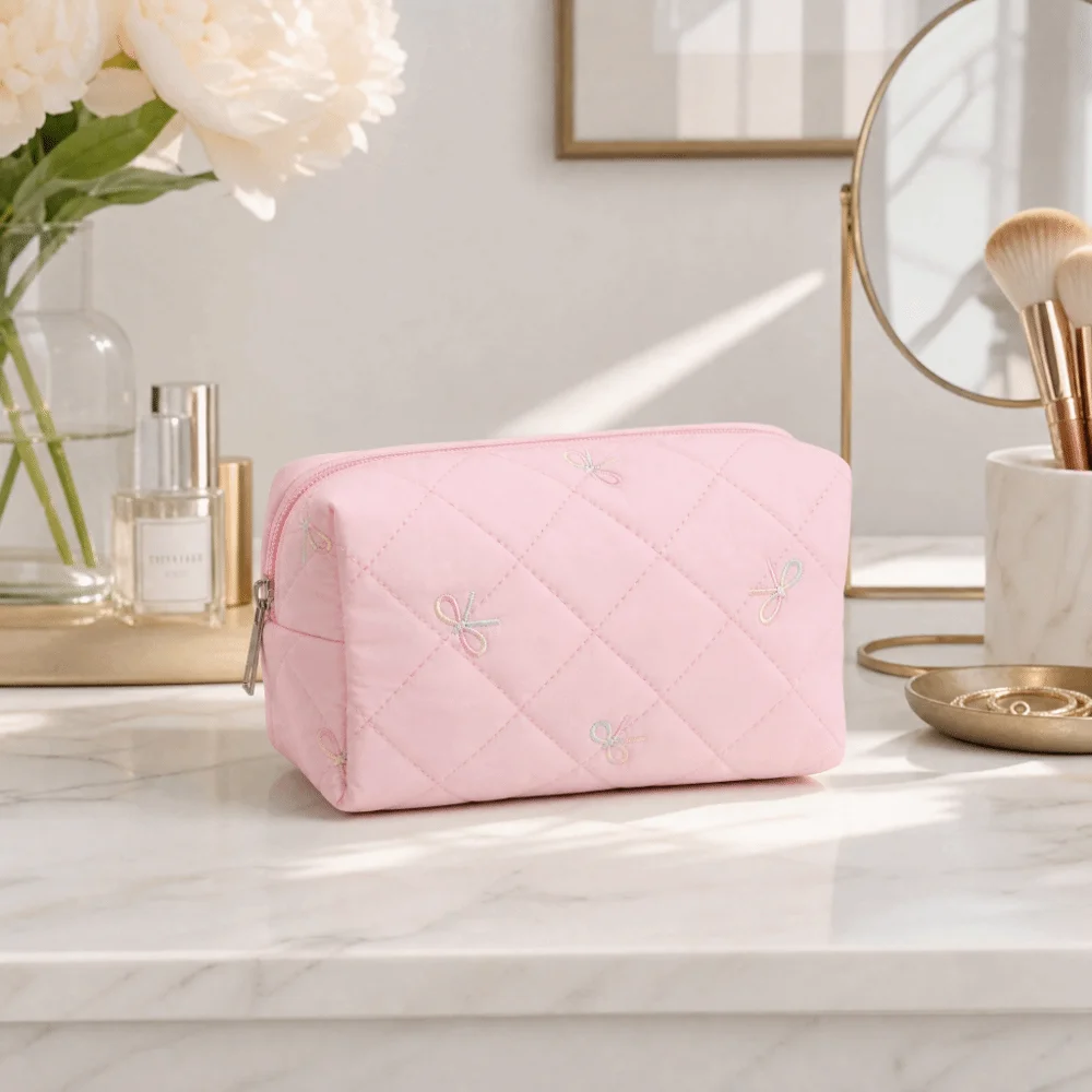 Kawaii Quilted Makeup Bag Bow Embroidery Large Capacity Storage Pouch Cosmetic Bag Home&Travel