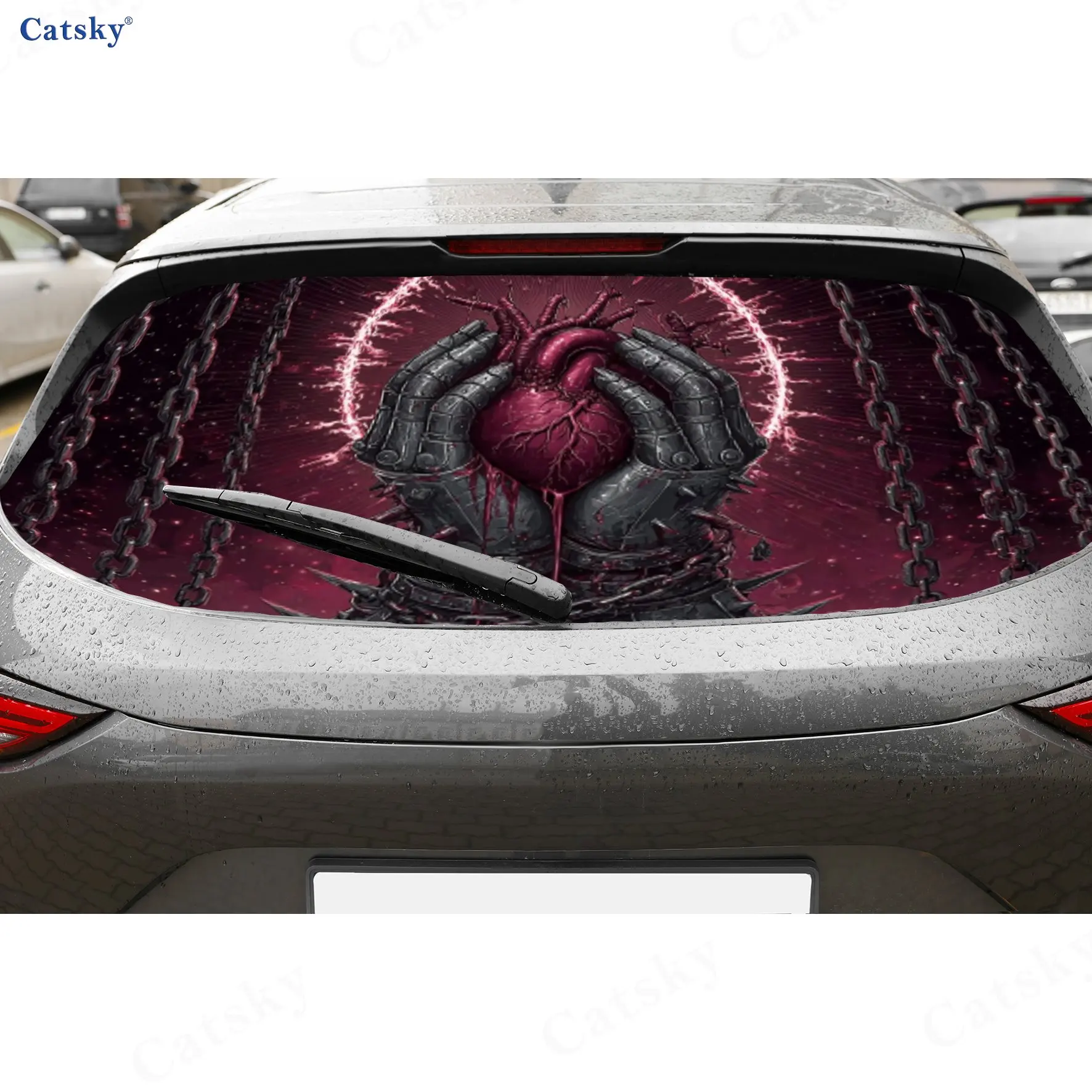 Purple Purgatory Heart PVC Perforated Car Vinyl Wraps, Durable Car Rear Windshield Sticker, Waterproof Car Rear Window Decal