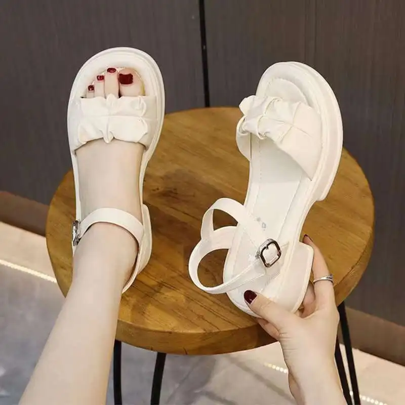 

Casual Versatile Thick Heel Beach Shoes Women Summer Outdoor Wear Fairy Style Flat Heel Rubber Outsole Ultra Leather Upper