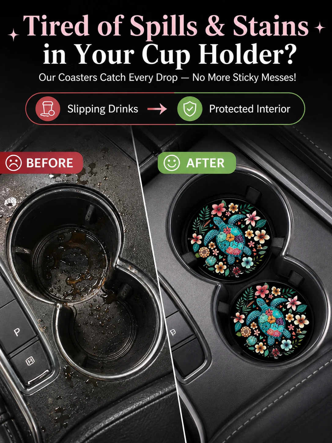 2Pcs Turtle Floral Car Cup Holder Coasters Non-Slip Waterproof Auto Interior Drink Mat Decorative Accessories for Women