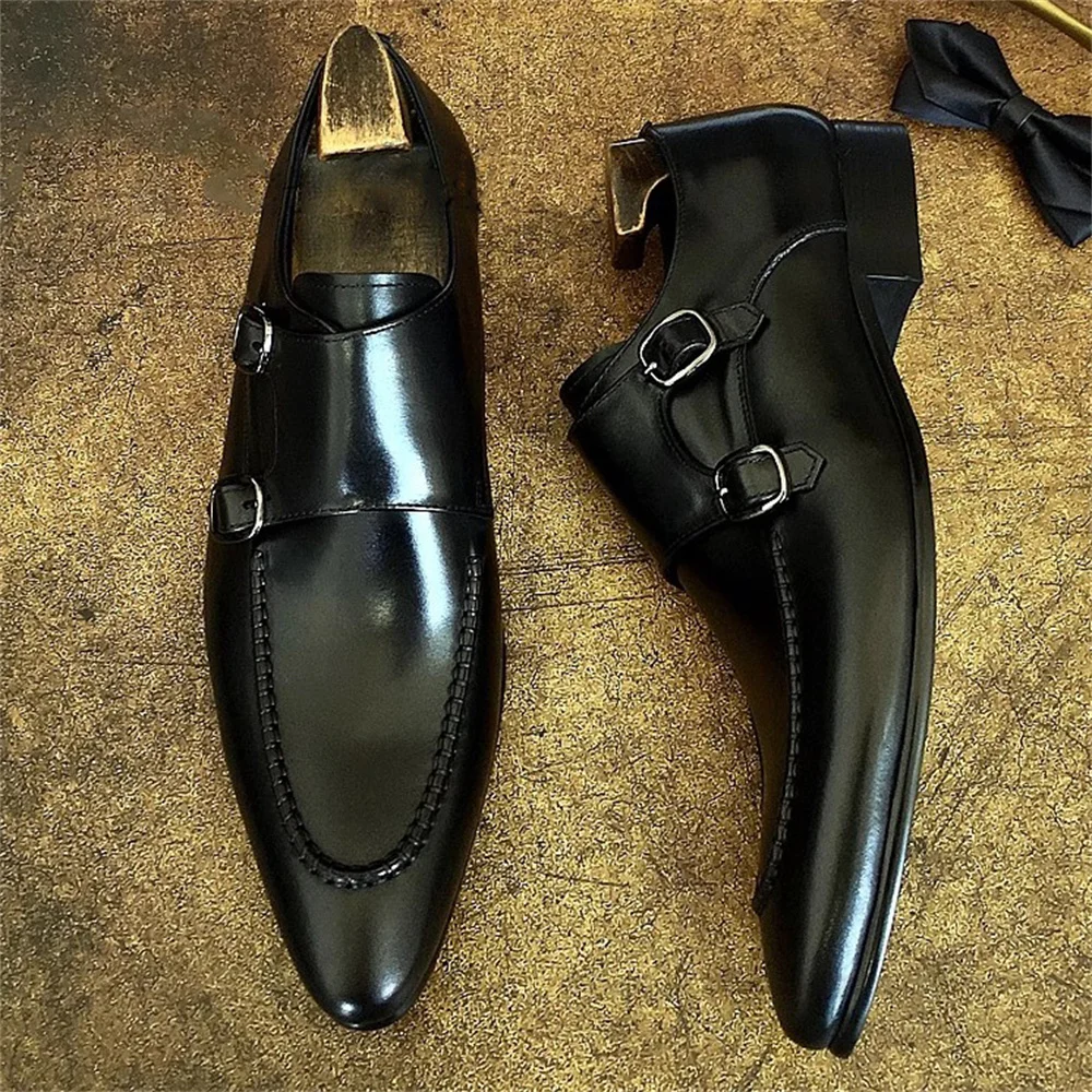 

Pointed Toe Side Button Men's Shoes British Style Leather Trendy Business Casual Single Shoe Handmade Formal Oxford Shoes