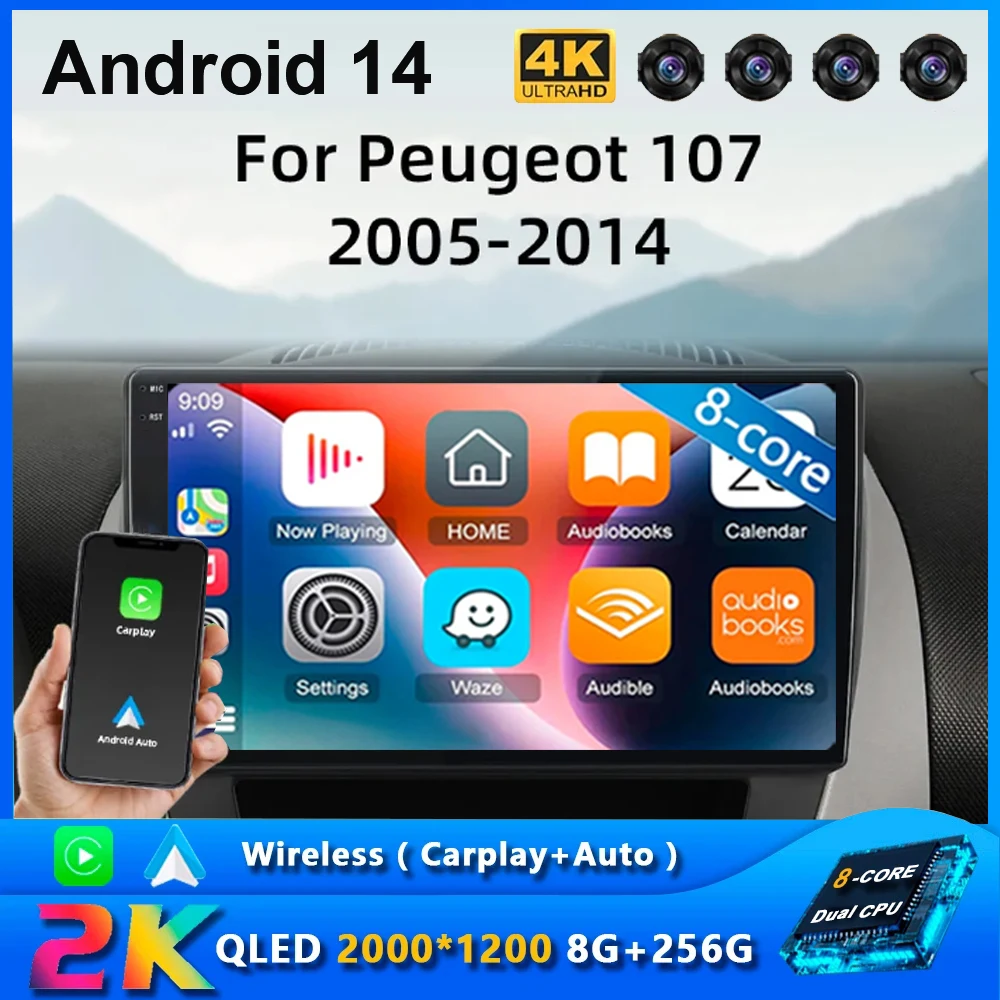 

Android 14 2 Din Car Multimedia Player For Peugeot 107 Toyota Aygo Citroen C1 2005-2014 Head Unit Stereo GPS Navigation BT WIFI