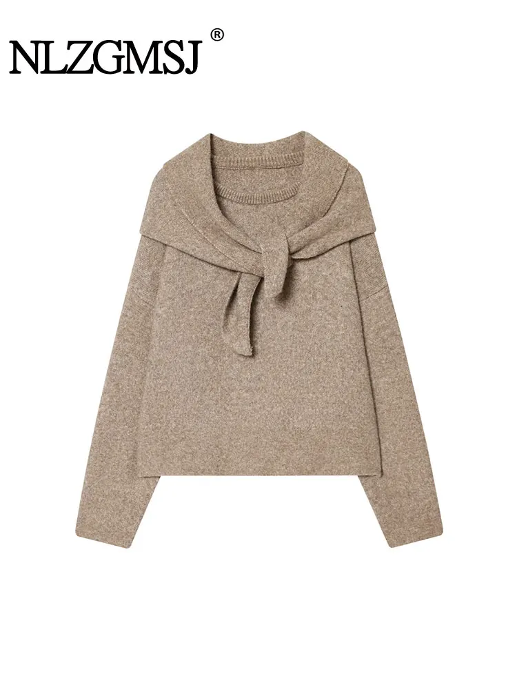 

NLZGMSJ Classic Women With Scarf Sweaters Autumn Long Sleeve O Neck Elastic Loose Pullovers Female Knitted Casual Jumper Basic