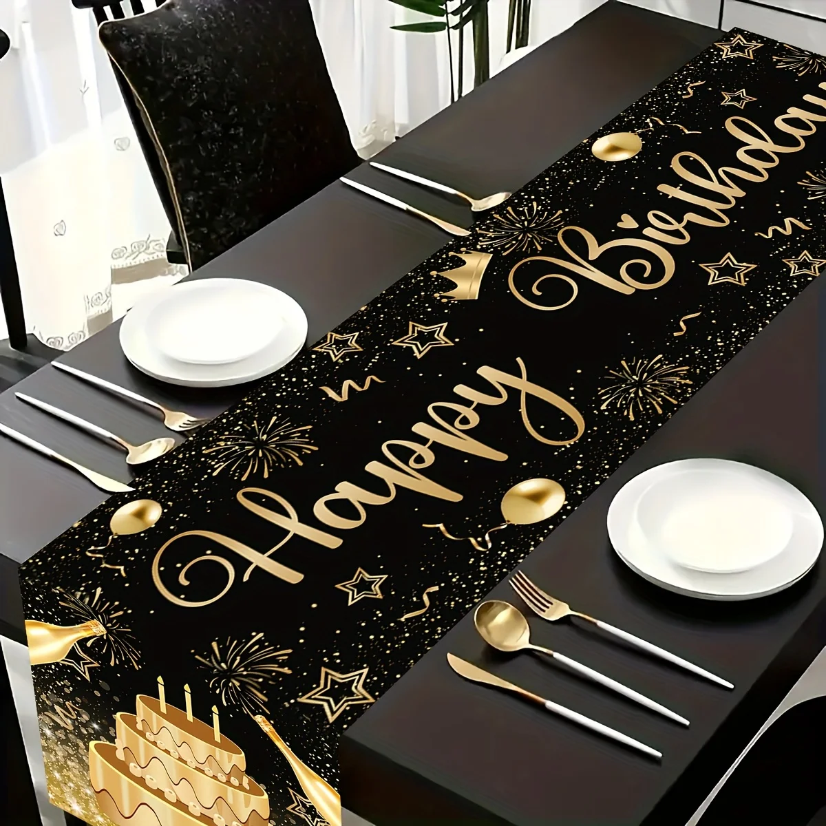 Happy Birthday Table Runner, Black Golden Pattern Table Decor, Birthday Party Tablecloth, Party Photo Props & Birthday Gift