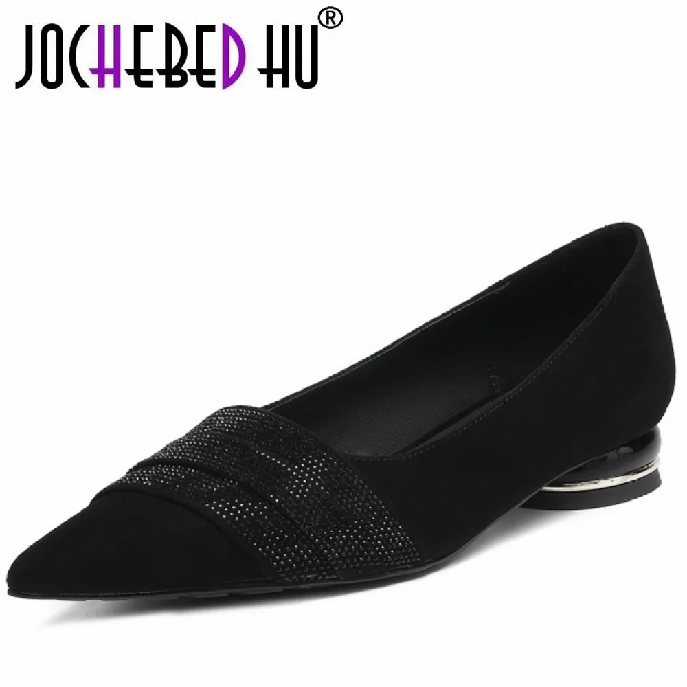 

【JOCHEBED HU】Элегантные повседневные туфли без шнуровки из натуральной кожи ручной работы с острым носком и бриллиантами на плоской подошве, однотонные повседневные туфли на низком каблуке