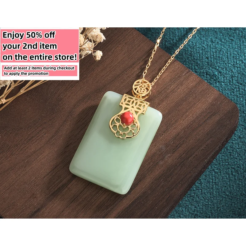 

Jade Ethnic Pendant Nelace Charm 18K Gold Plated Chain Retro Dainty Gemstone