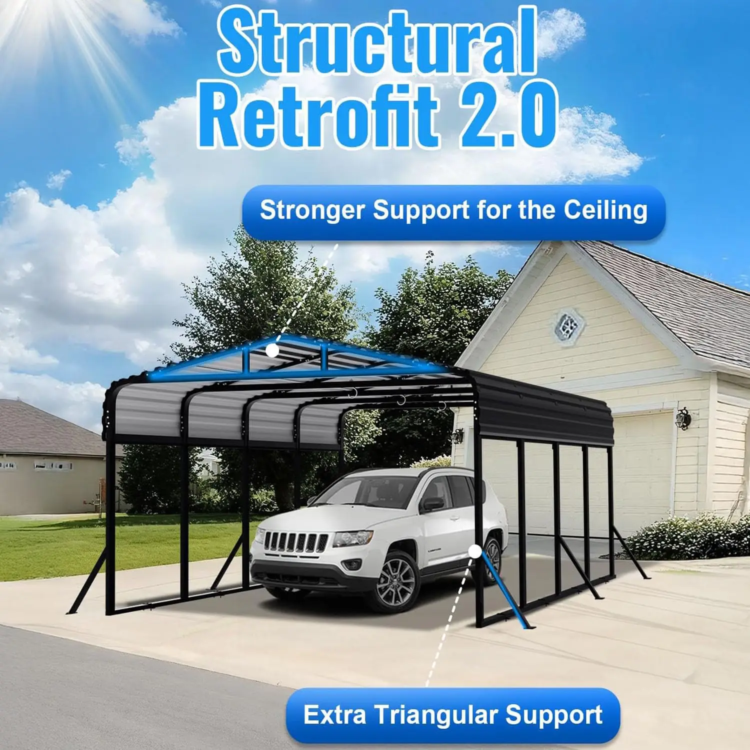 12x20FT Metal Carport Side Poles All Weather Leak-Resistant High Load Wind Stable Easy Assembly UV Roof Boat Customized