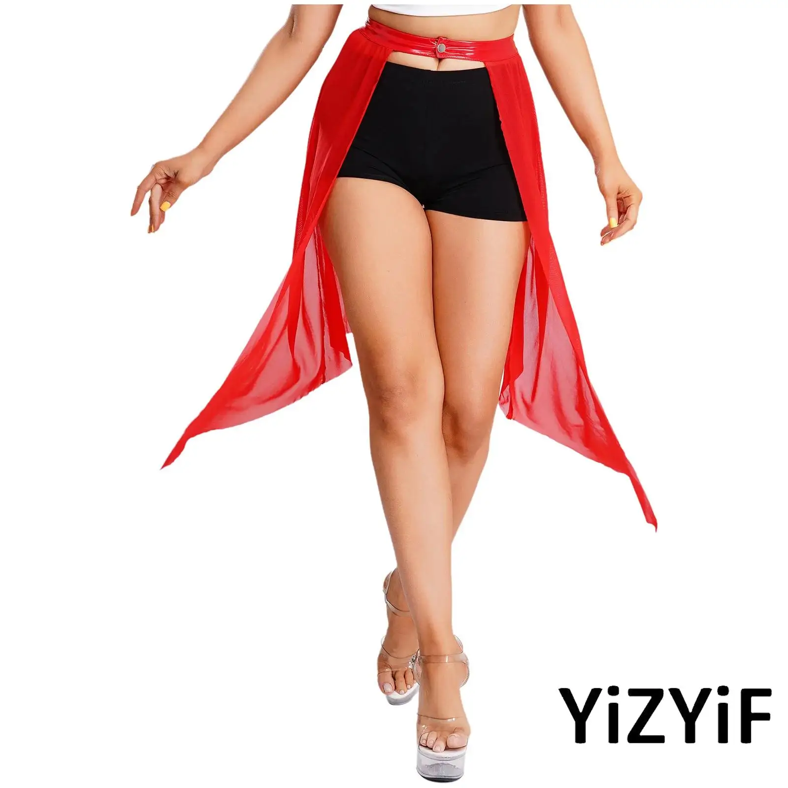 

Women Glossy PU Skirt One-button Closure Asymmetrical Sheer Mesh Hem Front Open Cover-up Skirt Clubwear for Nightclub Pole Dance