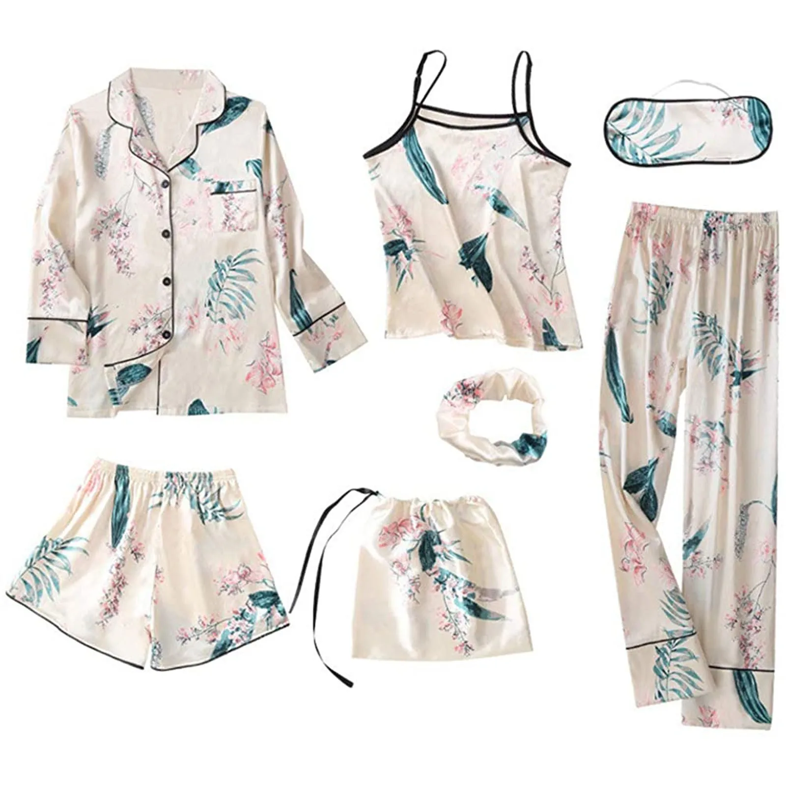 

Женский пижамный комплект из 7 предметов, атласная одежда для сна, шелковая ночная рубашка, костюм, летняя женская домашняя одежда, пижама для сна с принтом Femme
