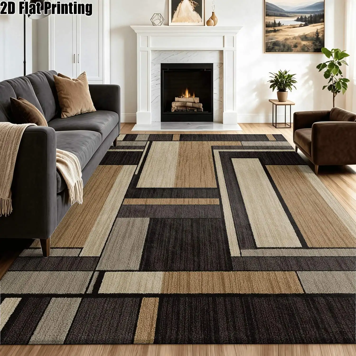 1Pc 2D Printed Nordic-Style Carpet, Brown-Grey Geometric Patchwork Pattern, Modern Minimalist, Machine Washable, Multi-Size, Suitable for Home Decoration, Entrance/Dining Room/Bedroom/Living Room Use