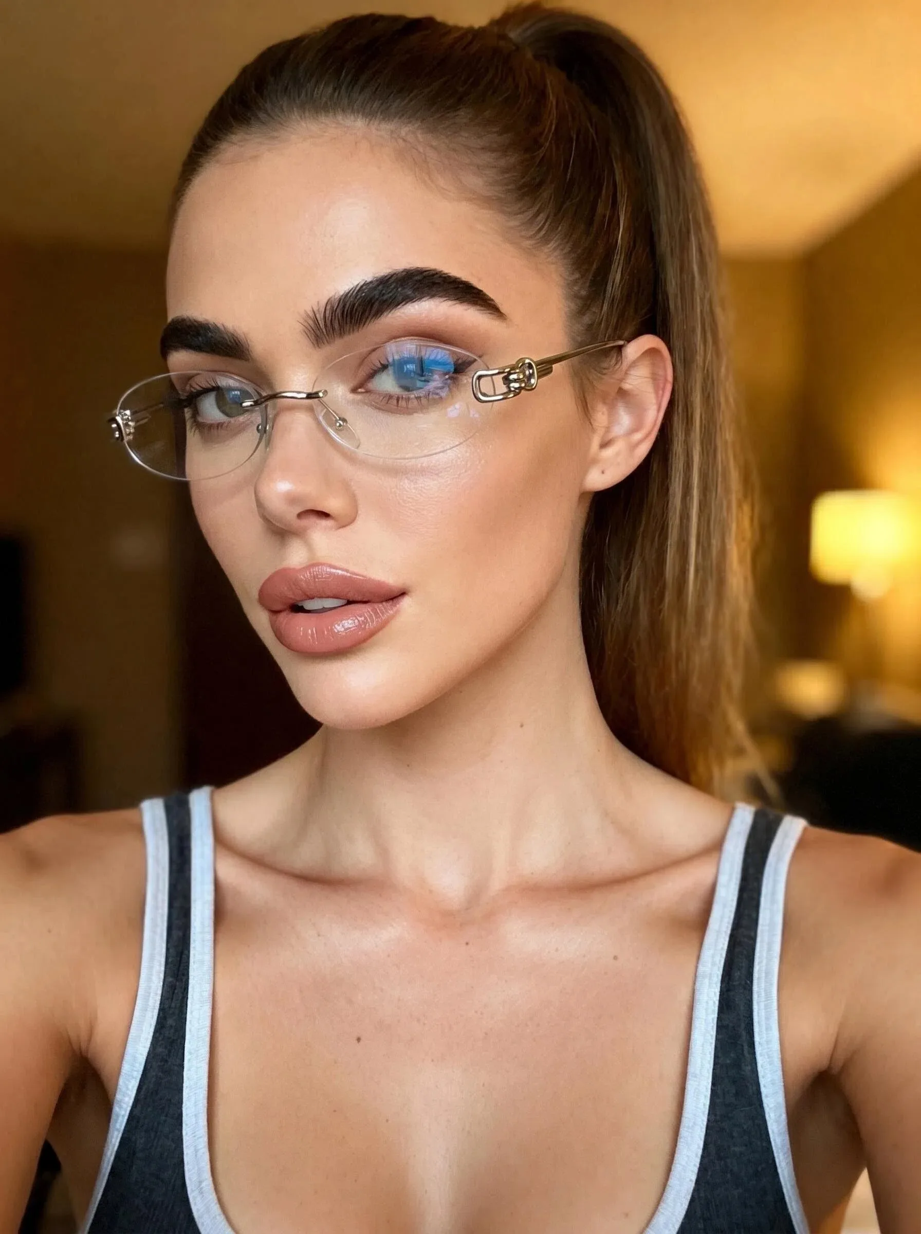 1pc trendy thin frameless oval glasses, double chain ornaments, smooth silver frame, ladies' daily casual glasses