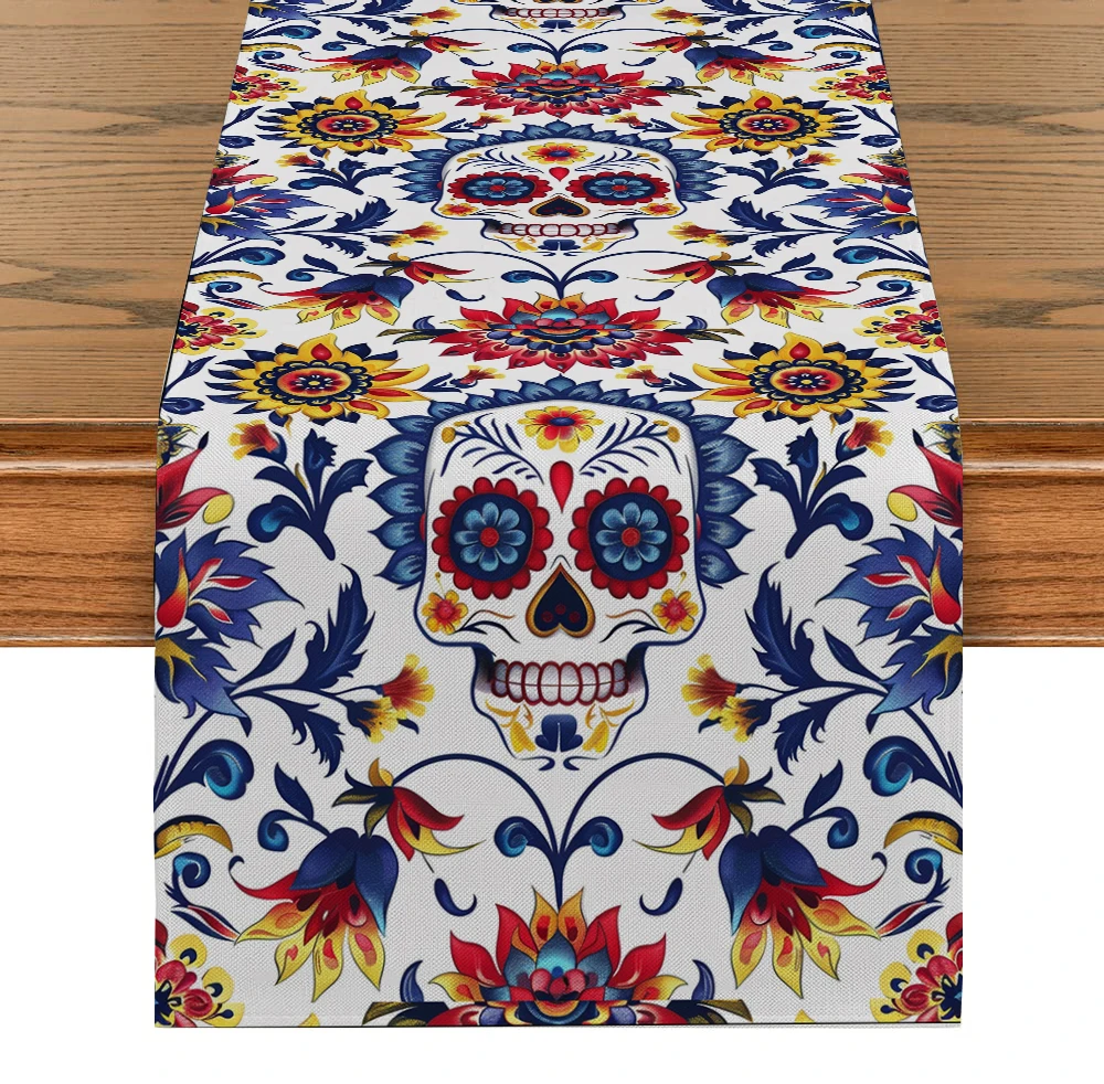 Mexico May 5 Day of The Dead Colorful  Table Runners Washable Dresser Dining Coffee Table Runner Wedding Holiday Party Decor