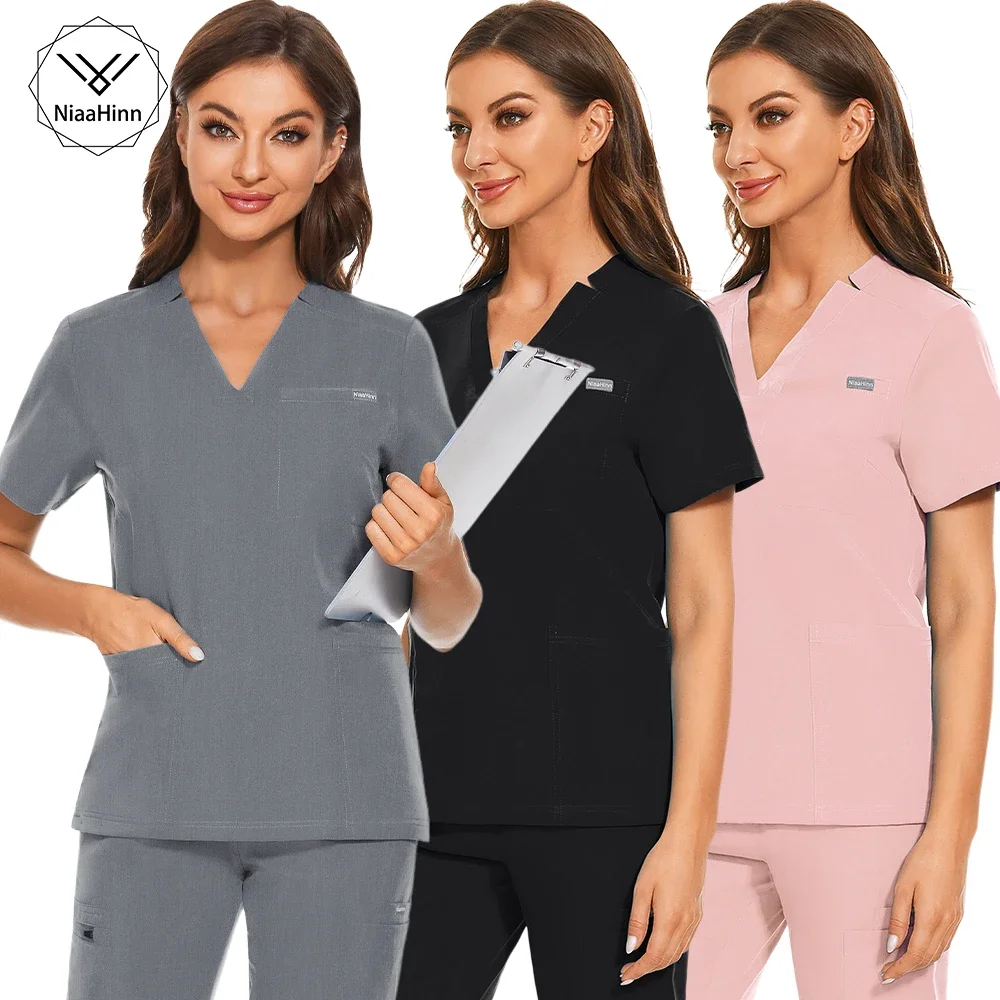 

Women Scrub Top Medical Uniforms V-Neck Spa Uniforms Short Sleeve Nursing Workwear Doctor Overalls Veterinary Blouse Big Pockets