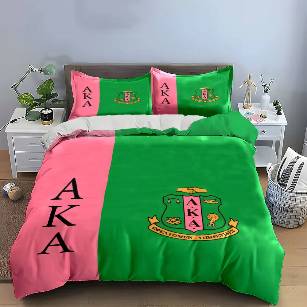 AKA Pink Green Split Coat Of Arms Duvet Cover Set, Sorority Greek Letter Bedding Includes 1 Duvet Cover And 2 Pillowcase, Gift