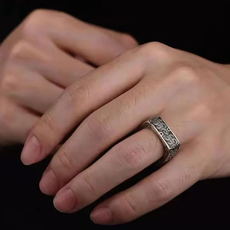 Vintage Square Round Pangu Ring Men's Personality Bully Ring Hip Hop Accessories Fashion Jewelry