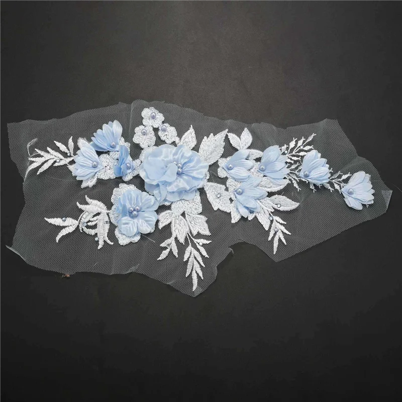 ABRT-3X Perlen Hot Drilling Spitze Braut Perlen Blumen Stickerei Patches für Kleidung Hochzeit DIY Dekor Himmelblau