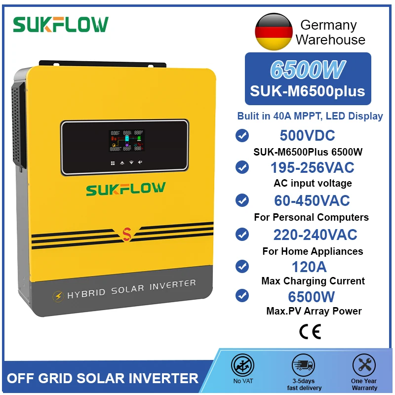 

SUKFLOW 6.5KW Hybrid Solar Inverter 60-450VDC PV Inverter 220-240VAC Pure Sine Wave On/Off Grid Inverter with 120A MPPT WIFI