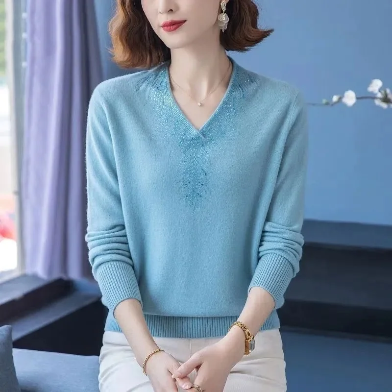 2024 New Cashmere Women\'s V-neck Pullover Casual Knitted Long Sleeve Jumpers Basic Sweater Autumn And Winter Jersey Tops