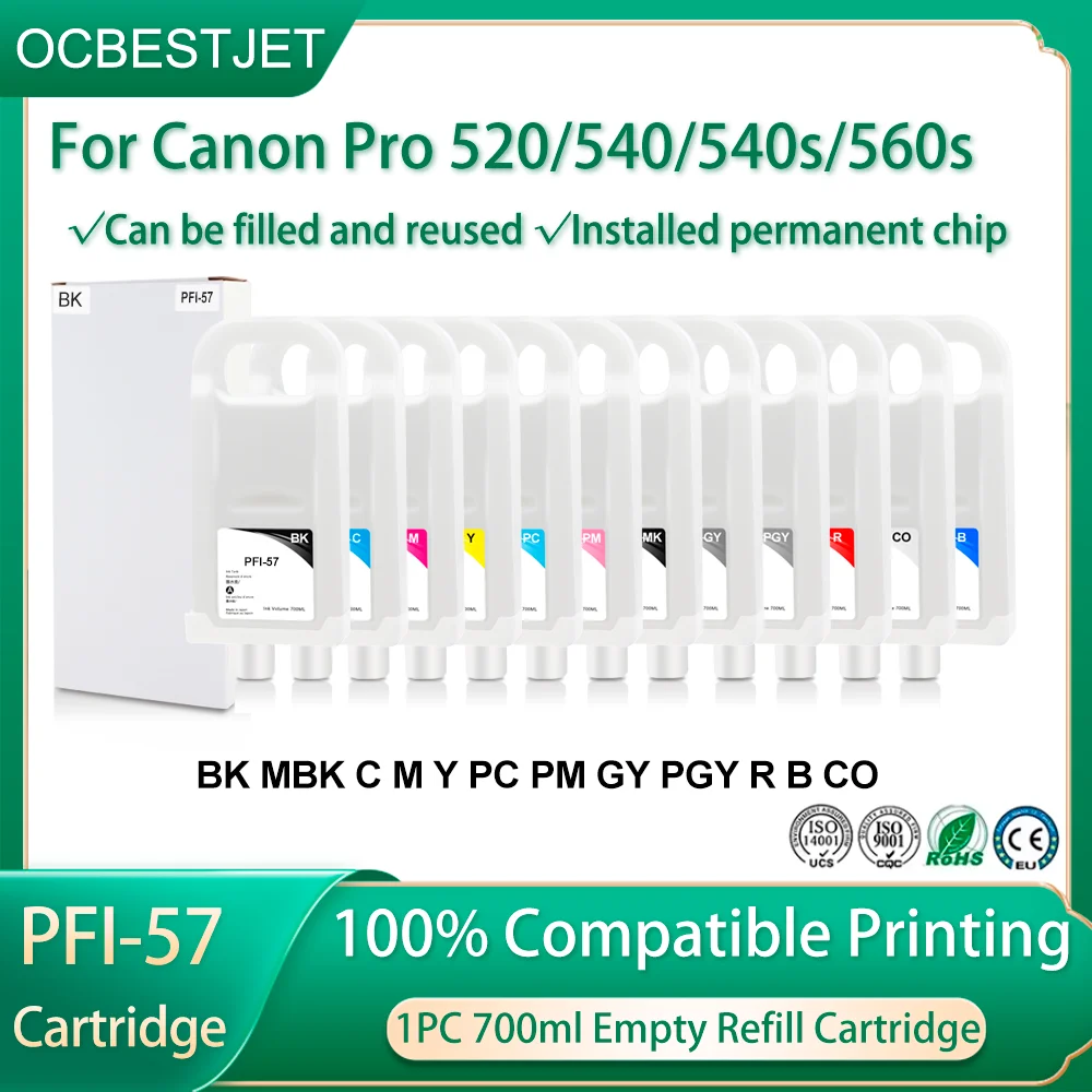 

Для Canon PFI57 PFI-57 57 запасной картридж с чипом ACR для принтера Canon Pro 520/540/540s/560s 700 мл пустой многоразовый картридж