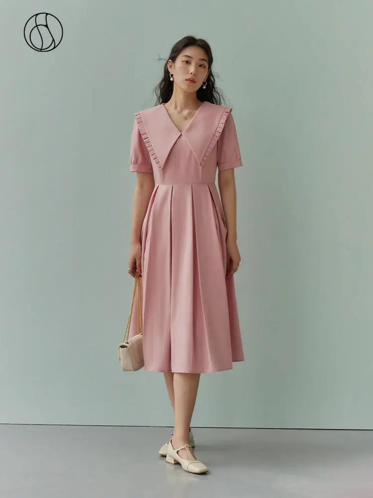 

DUSHU Peter Pan Collar Women Solid High Waist Dresses Pleated Design Long A-LINE Skirt Women Lepel Collar Puff Sleeve Pink Dress