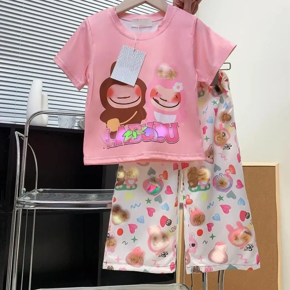 

miniso Girls Fashion T-Shirt Casual Pants Cute for 12labu children 2pcs Set baby Summer New Cartoon Short Sleeve Sweatpants