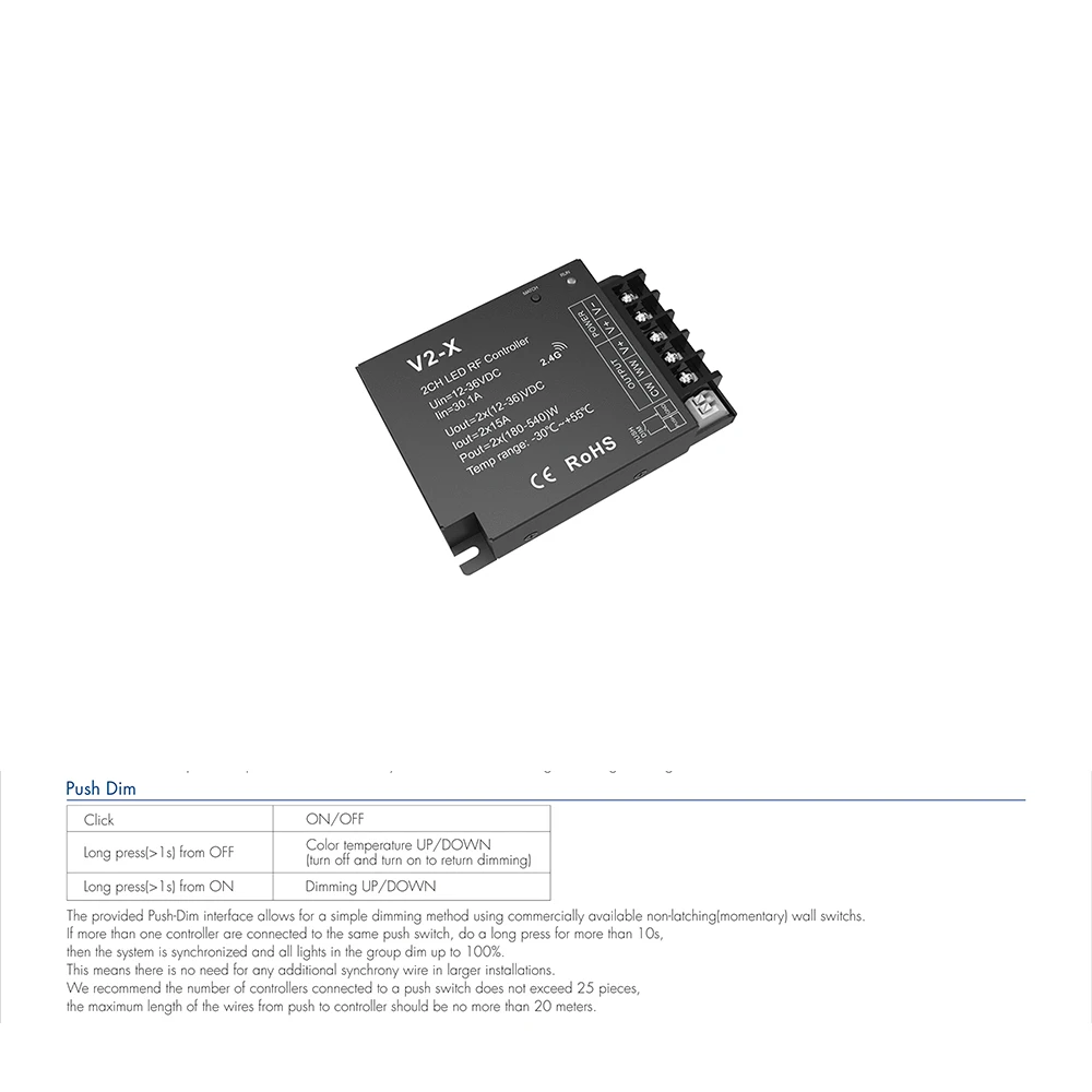 Skydance V2-X DC12-36V 2.4GHzRF+Push Dim PWM 0-100% CCT Dual Color LED Dimming Controller For Color Temperature LED Strip Light