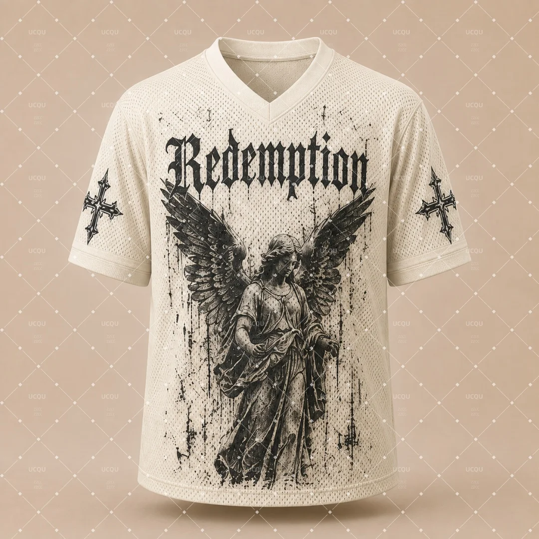 Gothic Fallen Angel Cross Wings Print V‑Neck Mesh Jersey T‑Shirt Men Women Y2K Grunge Streetwear Punk Kids Tee Unisex Tops