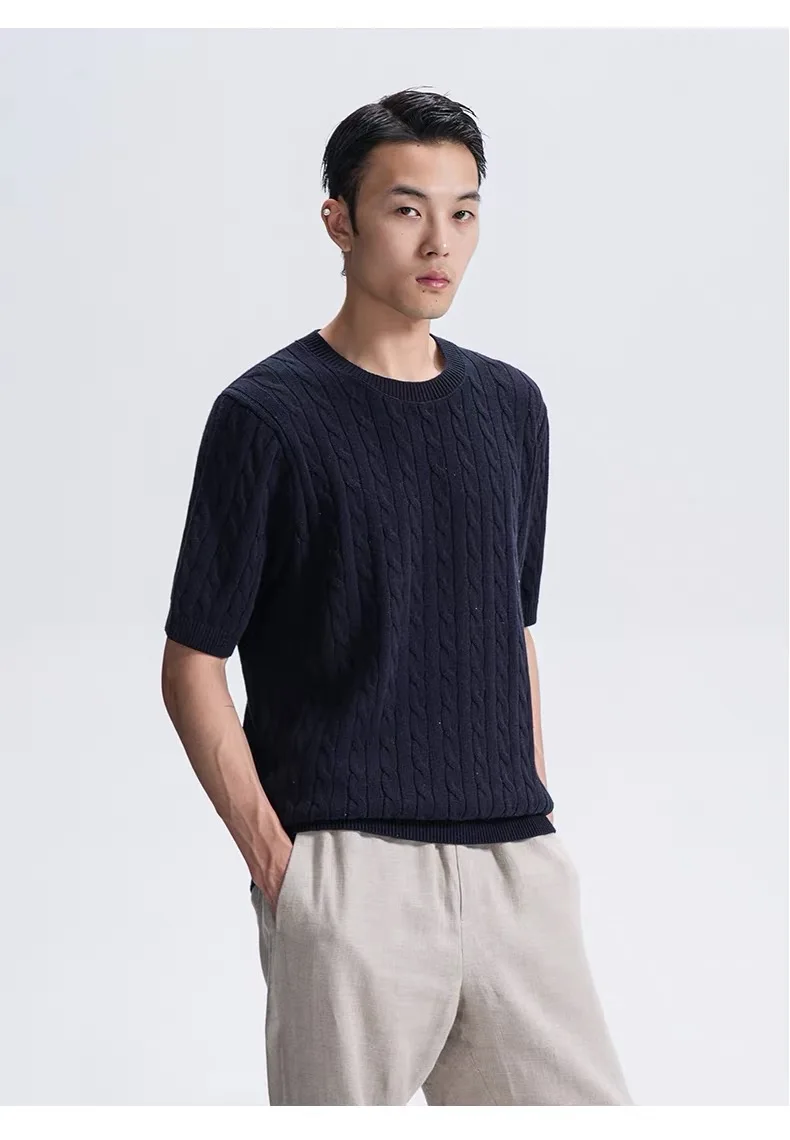 Old Qian Niuhua texture pure cashmere business casual round neck short sleeve T-shirt men's short sleeve