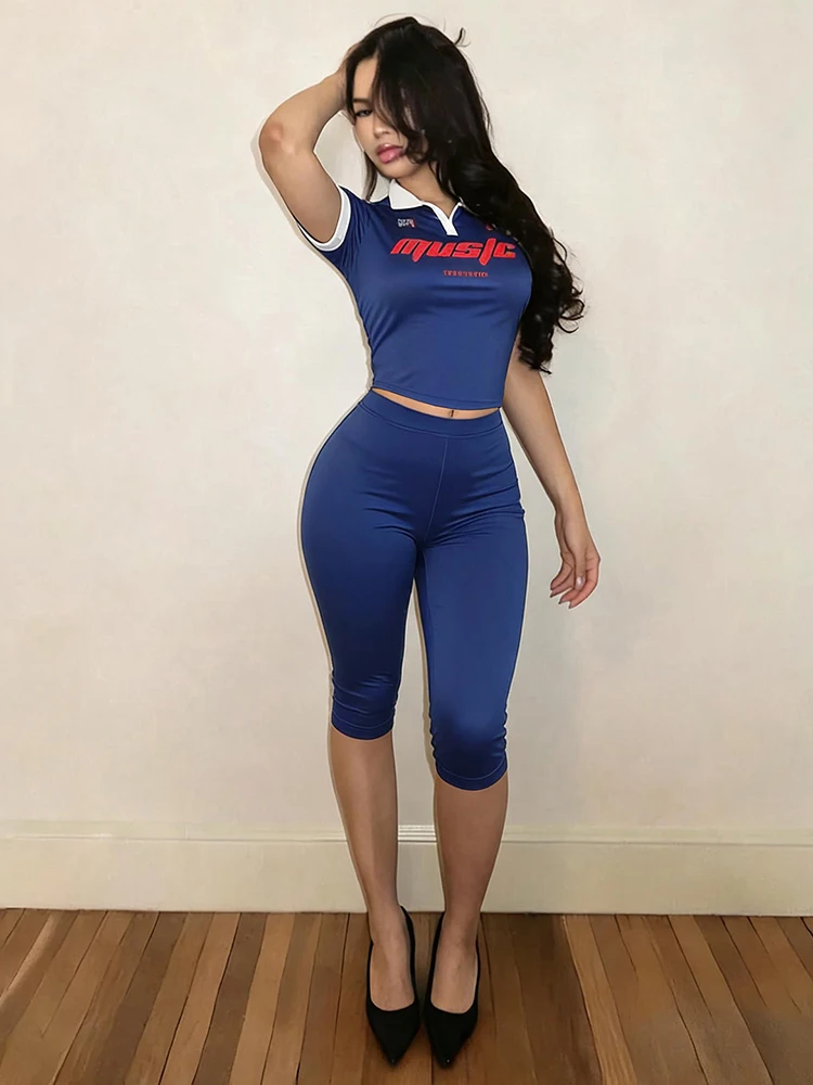 Weird Puss Casuals 2 Piece Set Women Trend Letter Print Color Blocking Short Sleeve T-Shirt+Capri Pants Simple Sporty Streetwear