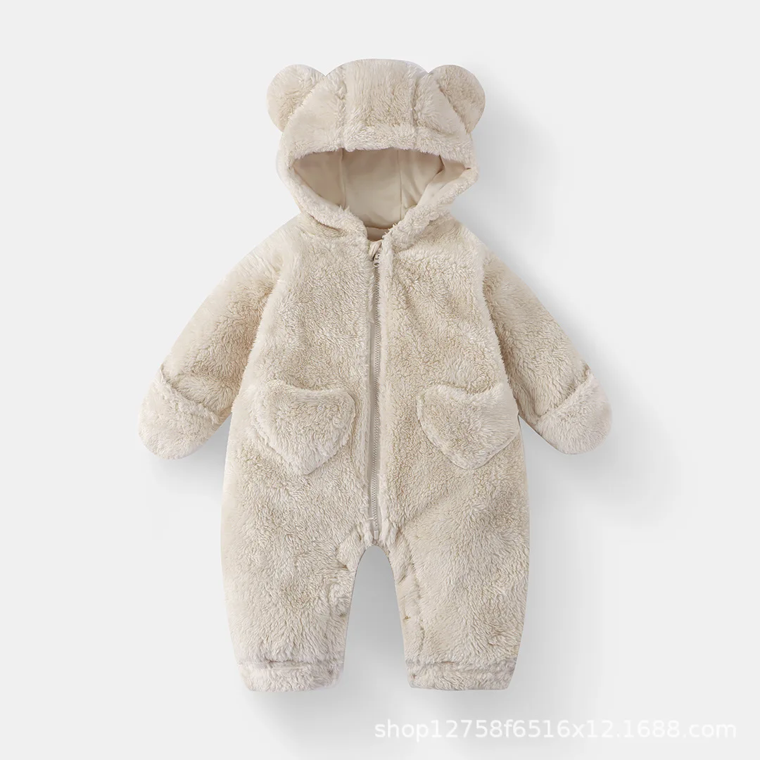 2026 Winter Newborn Baby Cartoon Bear Plush Onesie Hooded Ear Fluffy Romper Unisex 0-12M Thermal Infant Jumpsuit Warm Outfit