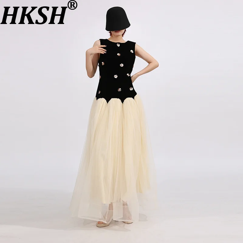 HKSH Women Long Sleeveless Dress French Elegant Velvet Patchwork Mesh Pleated Contrast Color Slimming Dresses New Summer HK20876