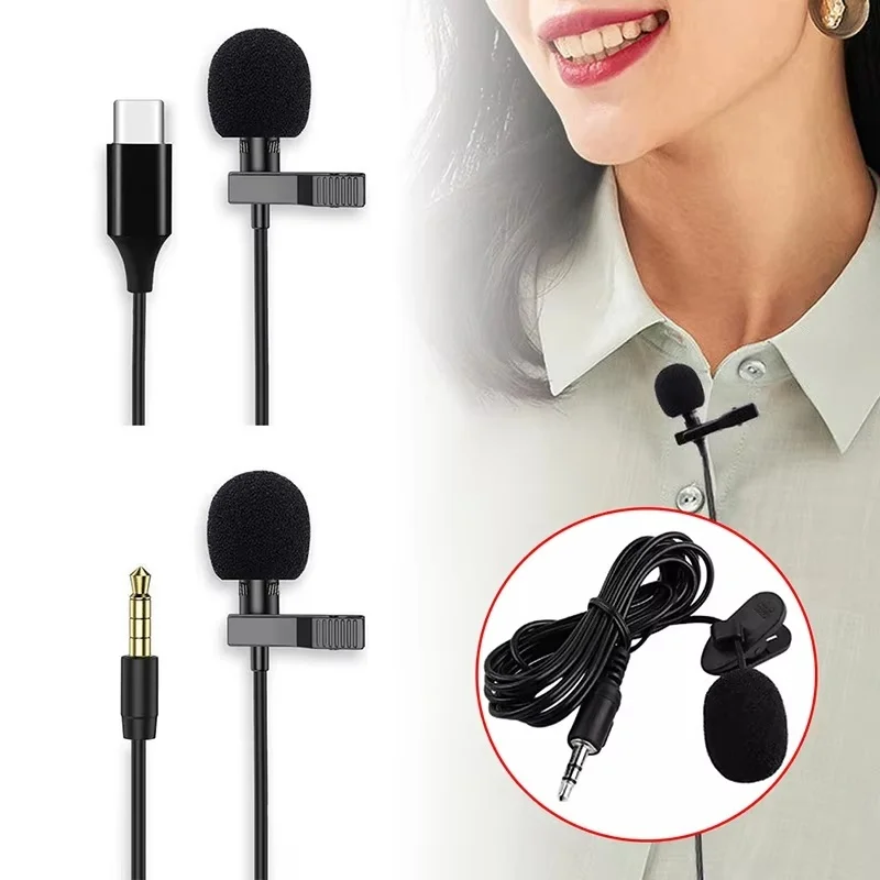 Micrófono de solapa condensador mini portátil de 1.5m con clip, cable USB A, jack 3.5mm y tipo C para móviles, Mac y laptops