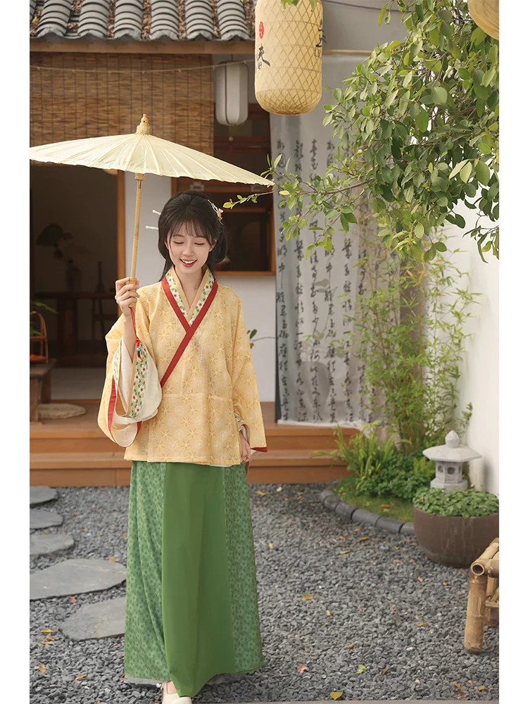 Original Hanfu Set een Weeds Jin Dynas Print Matching Inner And Outer ort T Tops with Skirt Daily Wear Spring Colle...