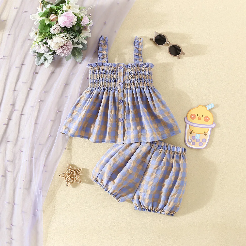 (0-3 Years Old Girls) Summer New Baby Girls Casual Suit Two-Piece Halter Pleated Top + Lantern Shorts Plaid Floral Buttons