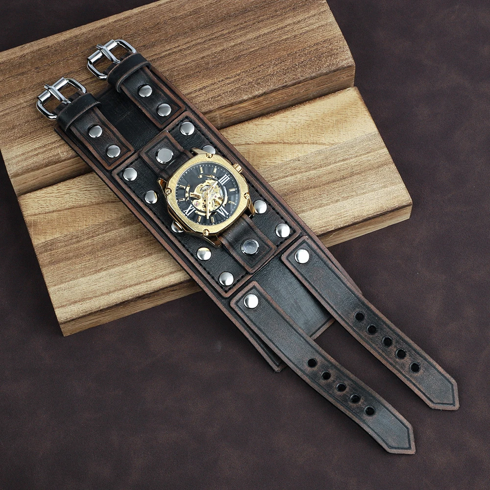 Vintage Punk Leather Cuff Strap 20mm Men's Wrist Watch Band with Mat Double Buckle Rivet Watchband Bracelet Watches Accessories