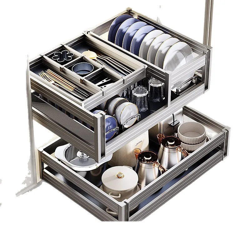 

Dishes and baskets Kitchen cabinets Built-in double-layer drawers Drawer type bowl baskets Space aluminum alloy cabinet bowls