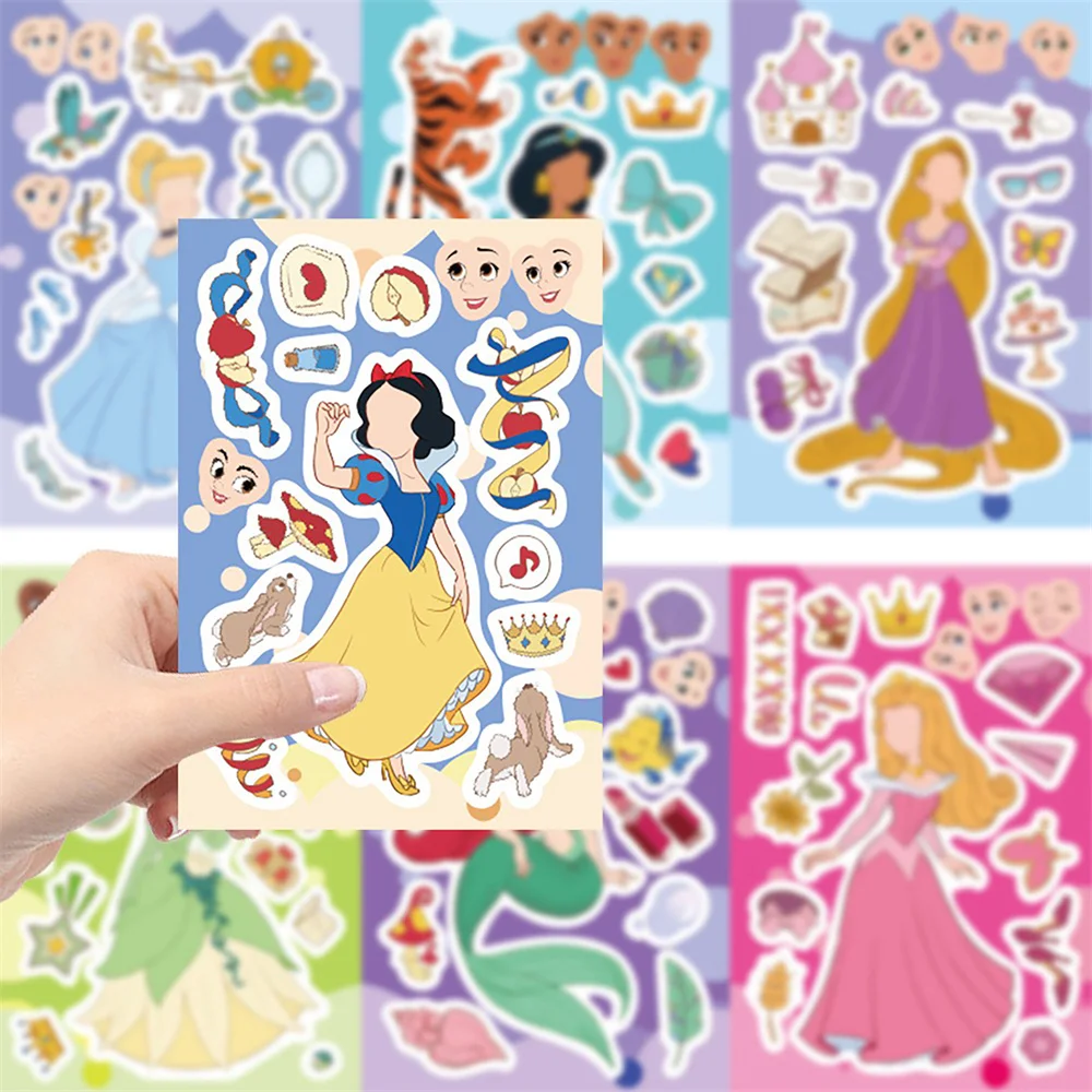 8Sheets/Set Disney Cartoon Princess Puzzle Stickers For Scrapbook Guitar Luggage Stickers Parent-Child Interactive Toys Stickers