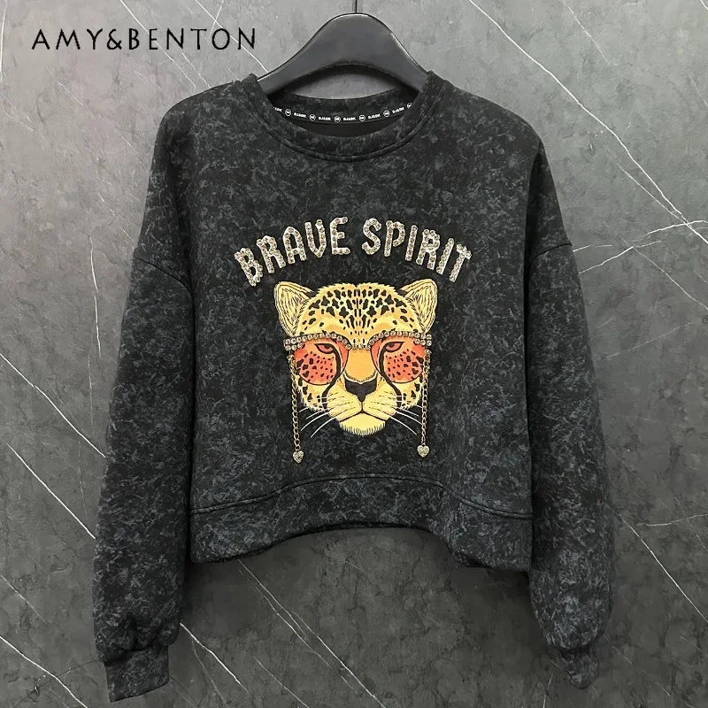 

2024 Autumn New Heavy Industry Diamonds Printing Crew Neck Cartoon Sweatshirt Women's Loose Fashion Casual Short Top Y2k Clothes