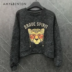 2024 Autumn New Heavy Industry Diamonds Printing Crew Neck Cartoon Sweatshirt Women's Loose Fashion Casual Short Top Y2k Clothes