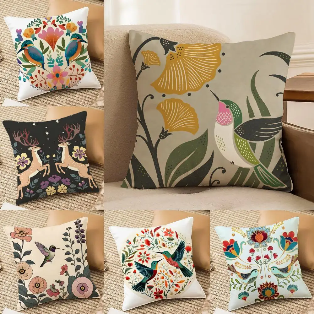 Kissenbezug mit natürlichen Pflanzen-, Vogel- und Blumenmustern. Seidig elegant, bequem, für Sofa und Bett, unsichtbarer Reißverschluss, Strandkissenbezug