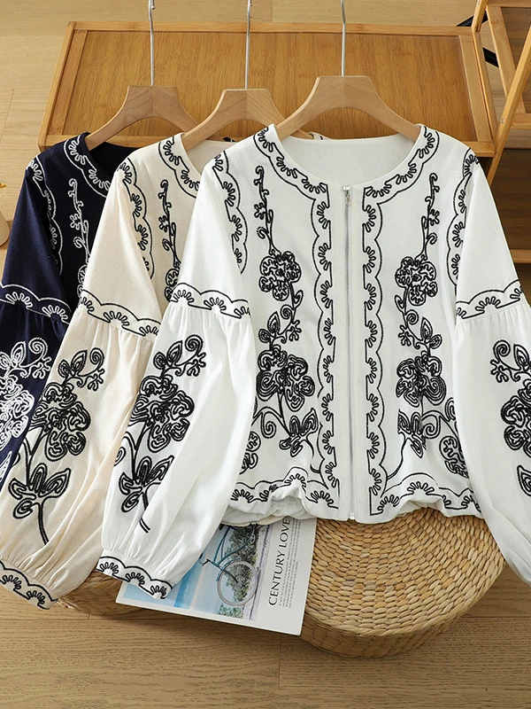 Heavy Embroidery Floral Zipper Open Cardigan Short Jacket Loose Slimming Retro Ethnic Style Top for plus Size Women Spring Au...