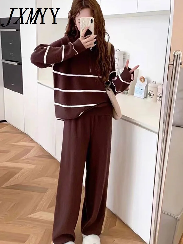 Women\'s Striped Stand Collar Sweater Set, Elegant Knitwear, Casual Trousers, 2-Piece Set, Autumn and Winter, New, 2024