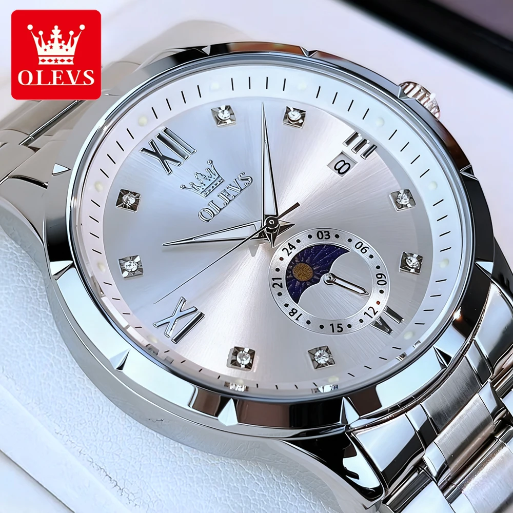 OLEVS ساعات رجال الأعمال عادية مقاوم للماء الفولاذ المقاوم للصدأ العلامة التجارية الأعلى الأصلي كوارتز ساعة اليد مرحلة القمر مضيئة 2956 جديد