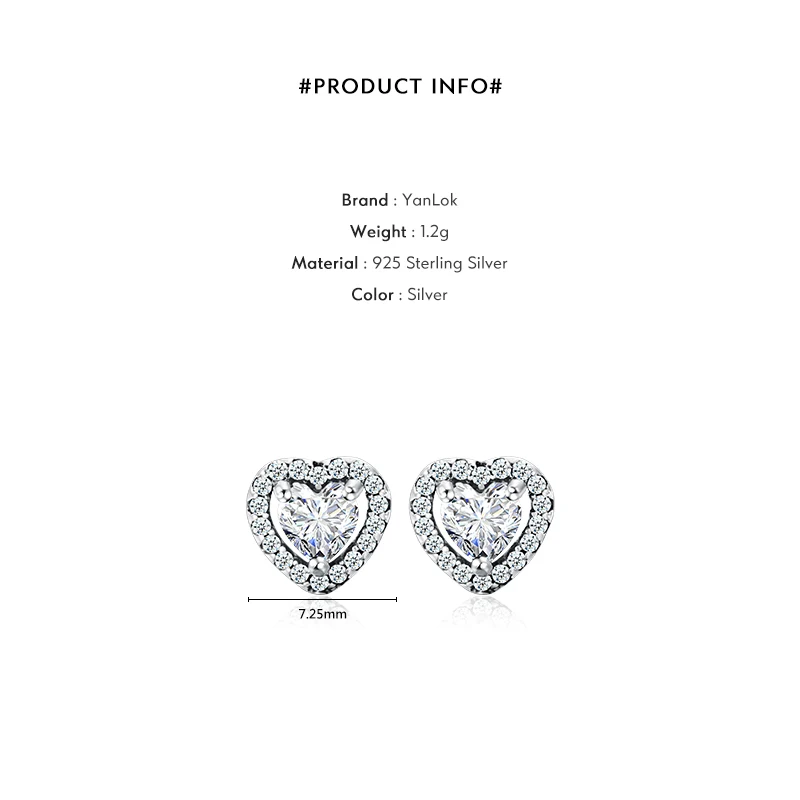 YANLOK 925 Sterling Silver Dazzling Clear CZ Heart Stud Earrings Silver for Women Sterling Silver Jewelry Valentine Day Gift