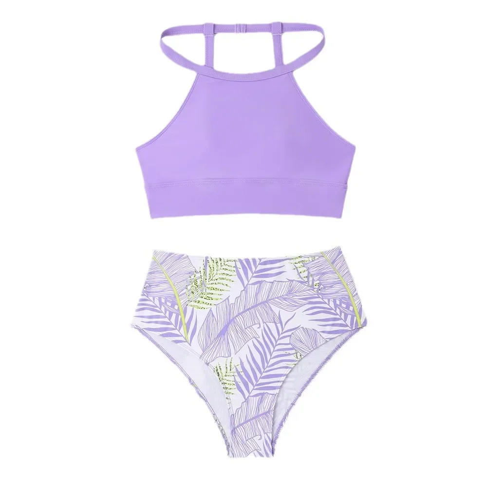 Nylon Pure Kleur Sexy Bikini Badpak Hoge Taille Panty Tweedelige Set Zwemkostuum Damesmode Badmode Tankini