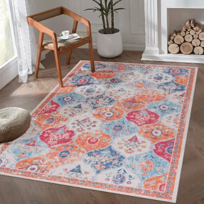 5x8 Boho Area Rug, Washable Low Pile Non Slip Non Shedding Foldable Carpet, Kid Pet Friendly Rug for Living Room Bedroom Kitchen