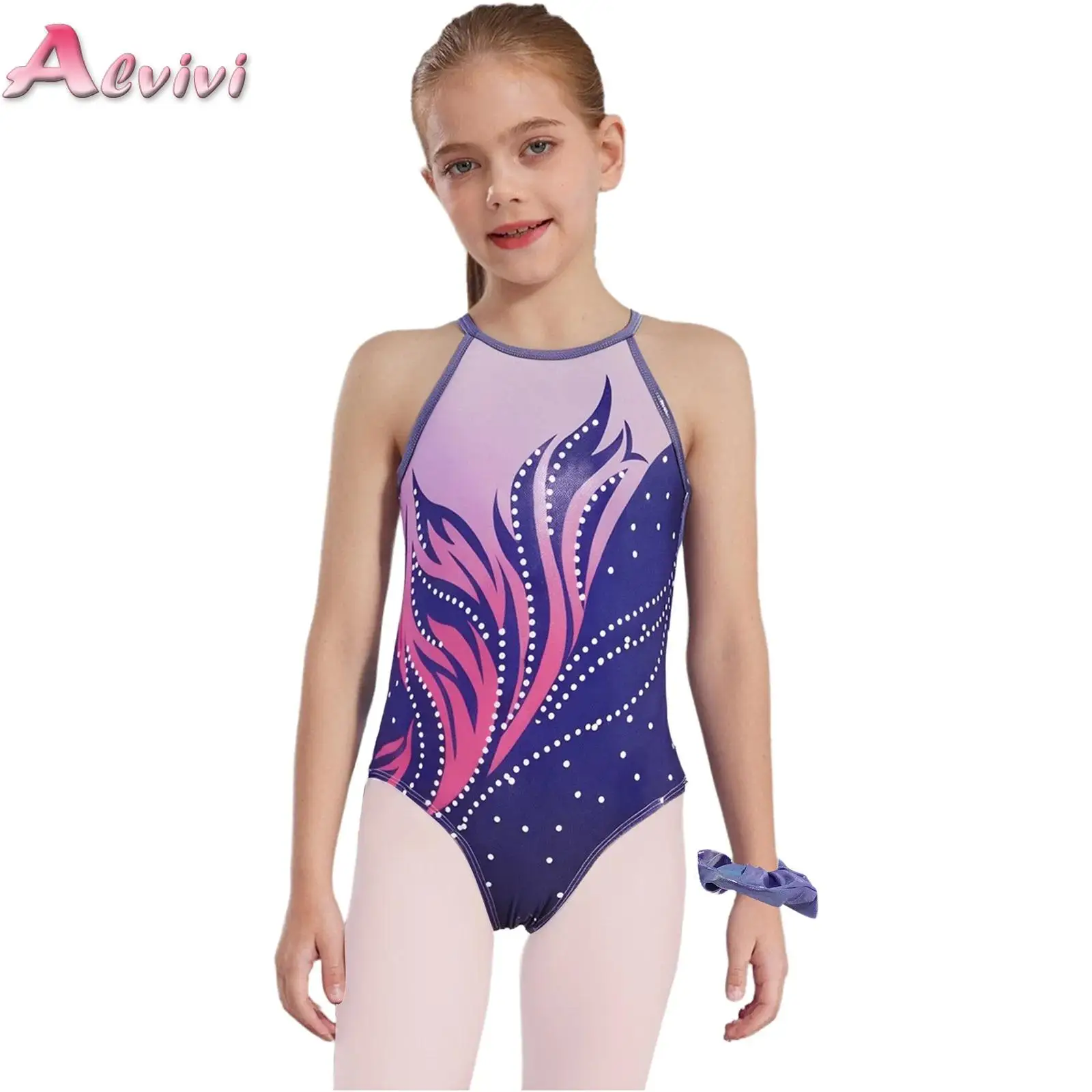 

Kids Girls Gymnastics Dance Metallic Leotard Sleeveless Keyhole Back Color Block Printed Bodysuit with Hairband for Practice